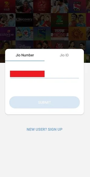 jio tv सिम नंबर डाले।
